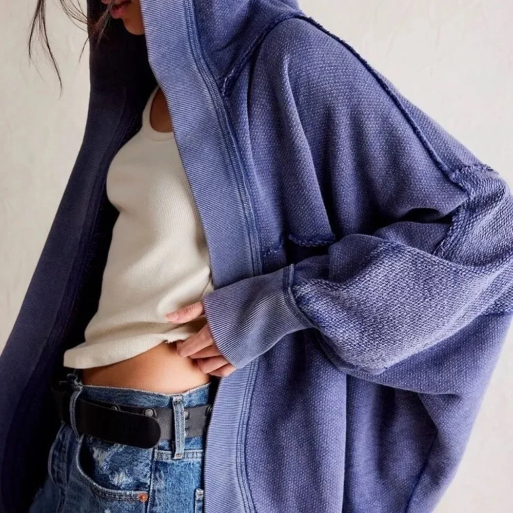 Free People Forever Yours Cardi We The Free Hooded Rib Hem Slouchy Midnight Rain - Picture 3 of 5